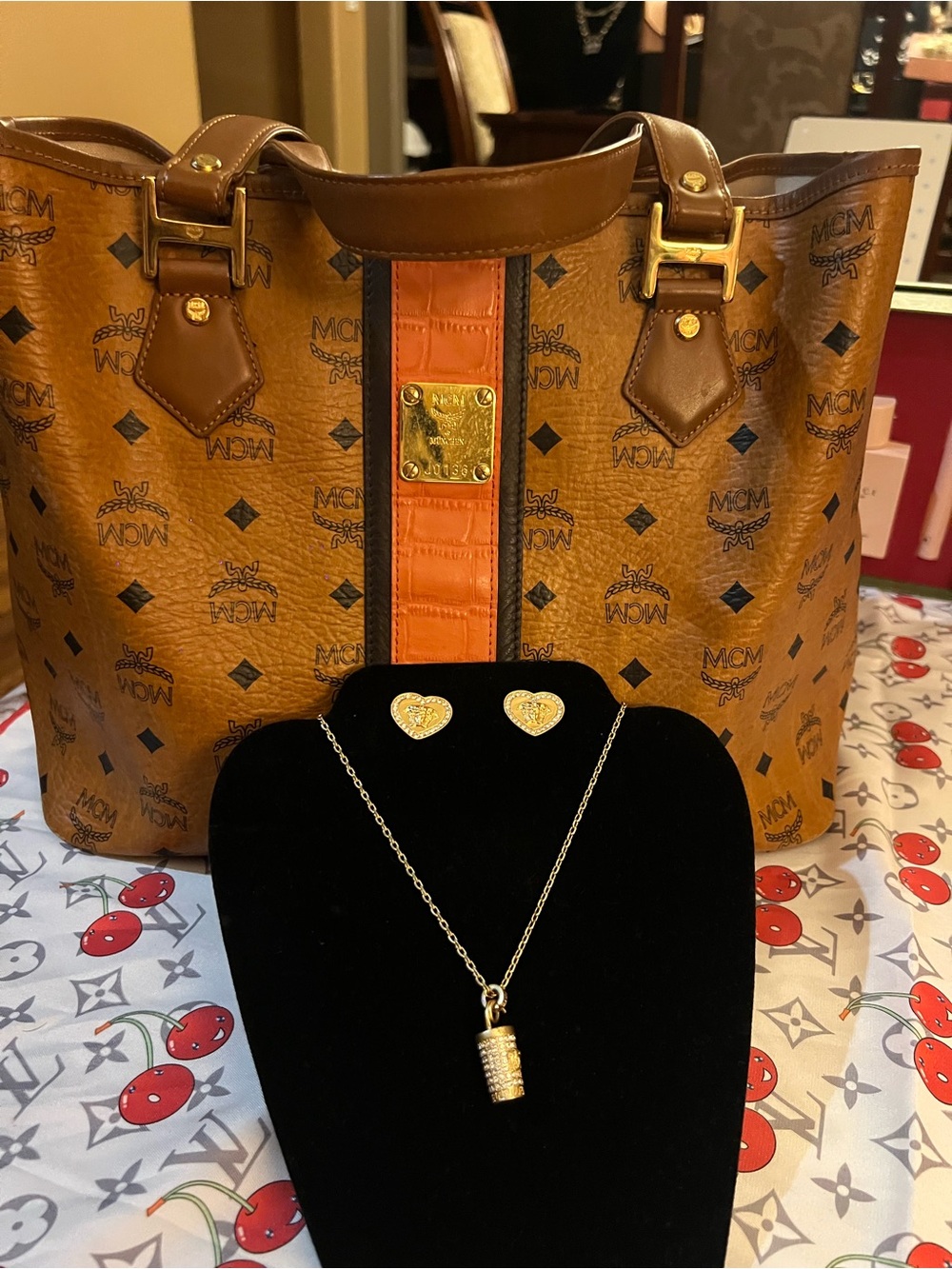 MCM Cognac Visetos Tote with Orange Center Stripe